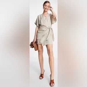 & Other Stories Linen Diagonal Mini Wrap Dress in Tan Size 8